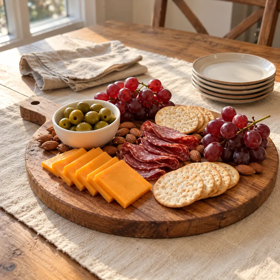 Planche ronde terminée avec fromage, salami, crackers et raisin