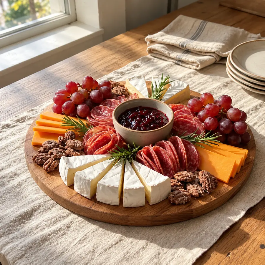 Une planche ronde avec fromages, salami, raisin et confiture près de la fenêtre