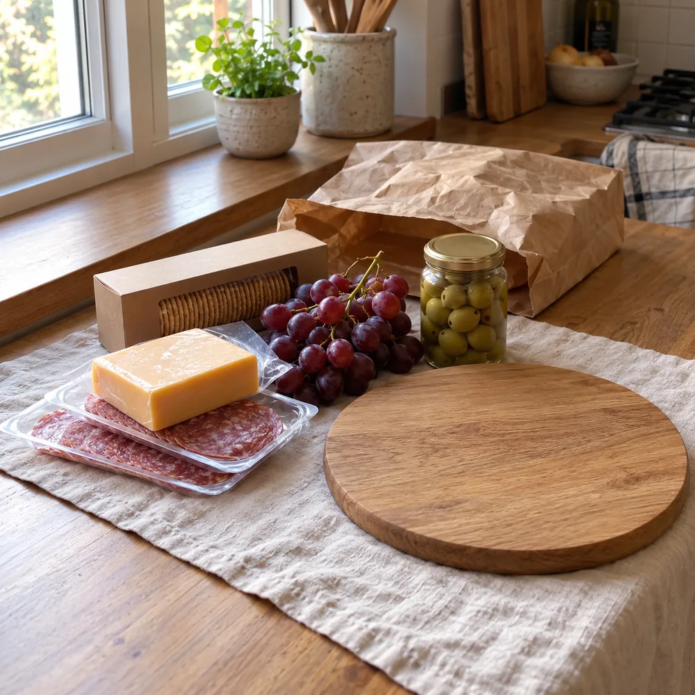 Fromage, salami, raisin et olives du supermarché sur la table de la cuisine