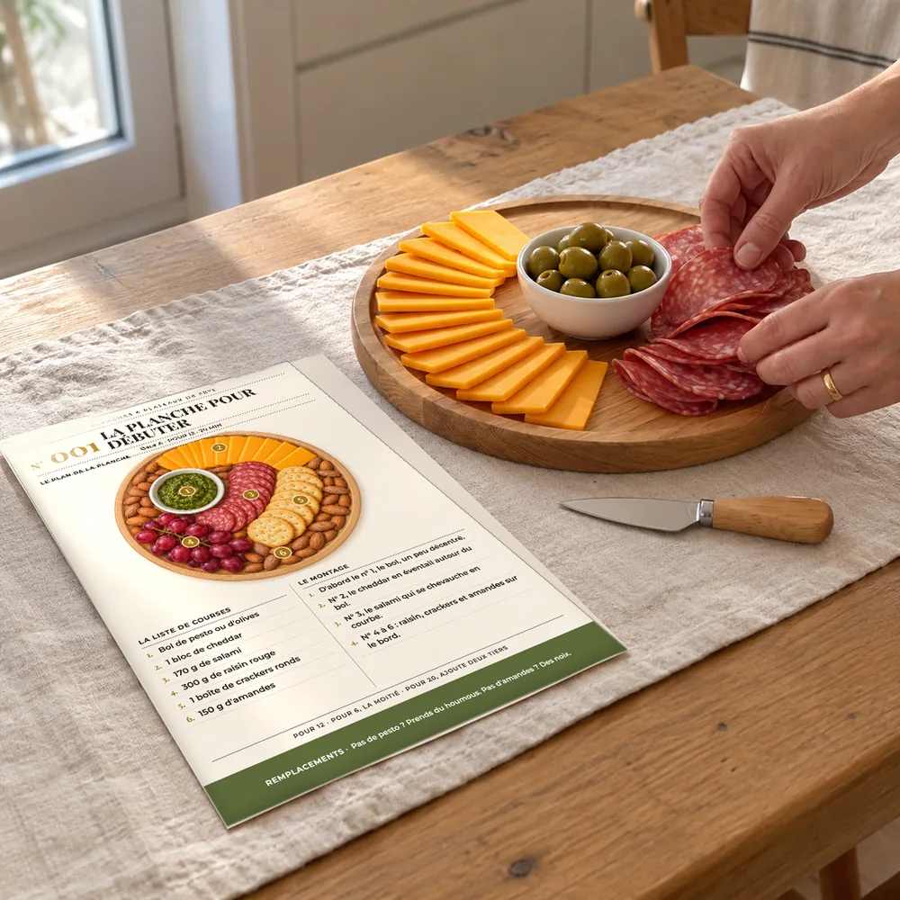 Une main qui dispose du salami sur la planche à côté de la page imprimée